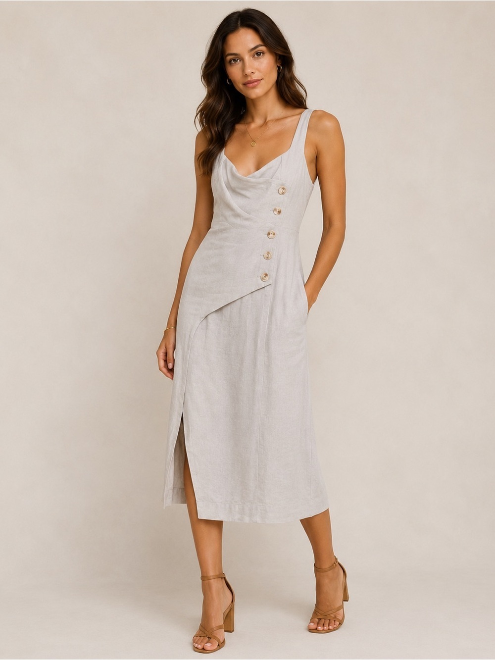 Anthropologie Linen Blend Button Detail Midi Dress | Coastal Chic Neutral Dress